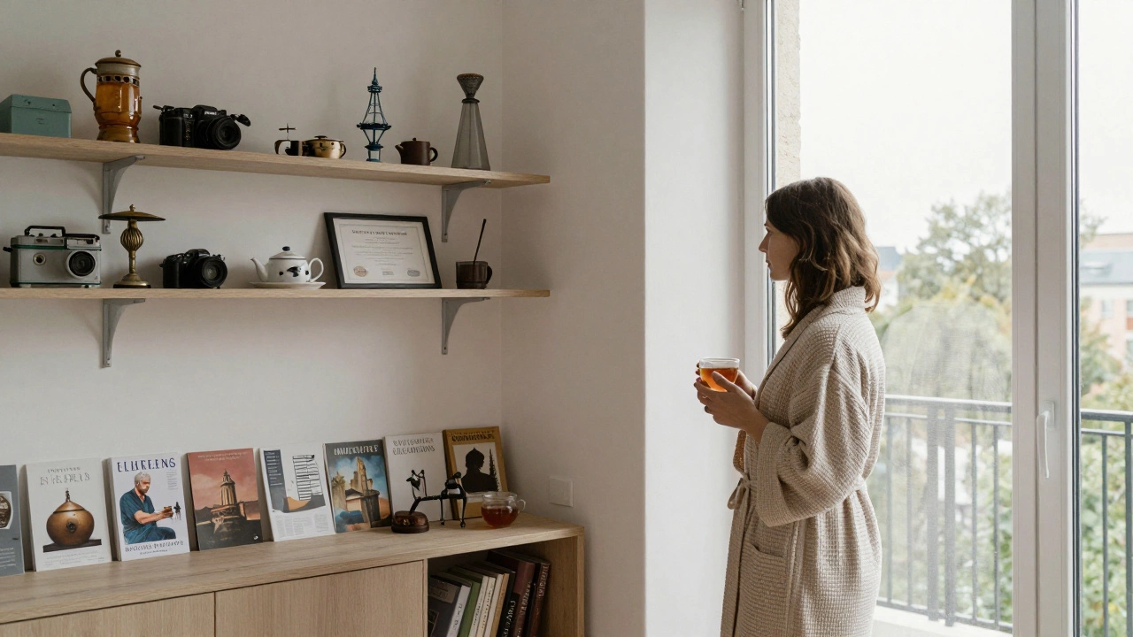 A professional companion stands by a window in her Reims apartment, holding tea, surrounded by travel mementos and academic items.