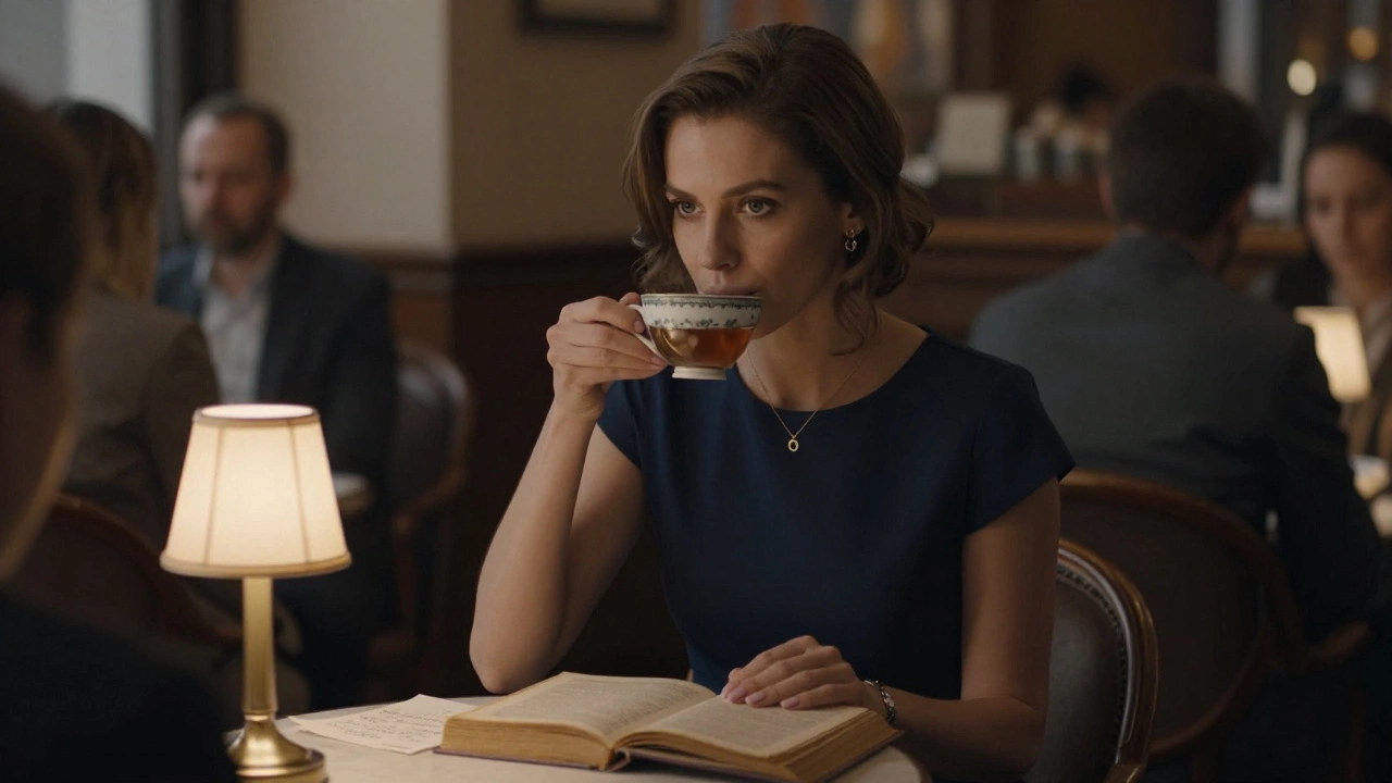 A thoughtful woman in a café in St. Petersburg reading Dostoevsky, with a handwritten note and tea beside her.