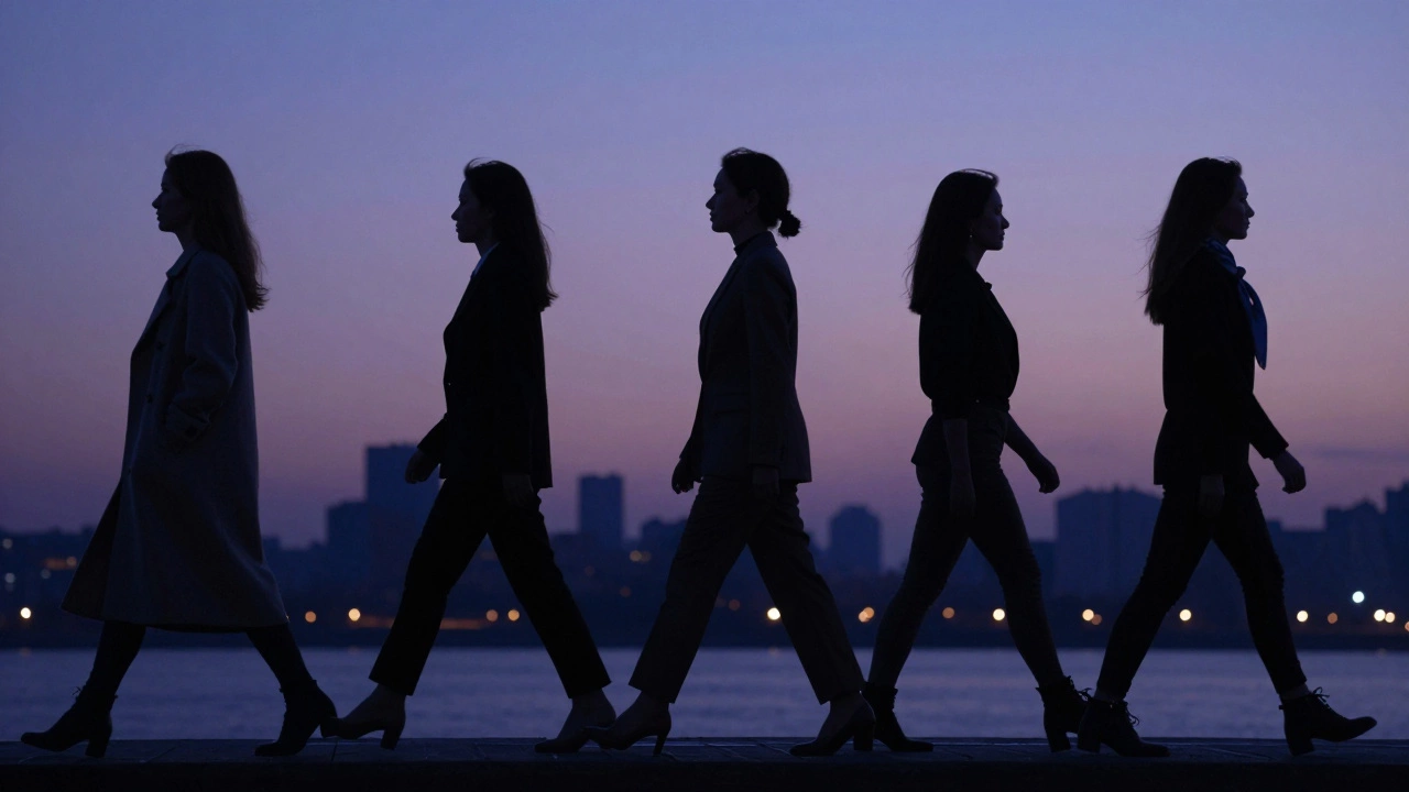 Silhouettes of diverse Russian women walking confidently against a city skyline at dusk, each in refined attire.